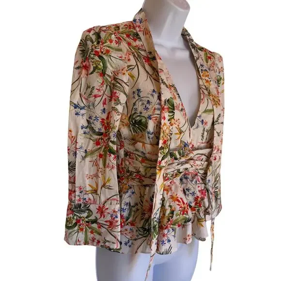 Hellessy Fitted Tie Front Floral Blouse with Ruffled Peplum Plunging V Neck s 2 - Picture 8 of 16